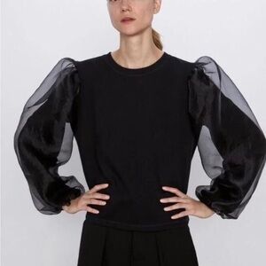Zara Black tulle Sleeve Blouse sz small